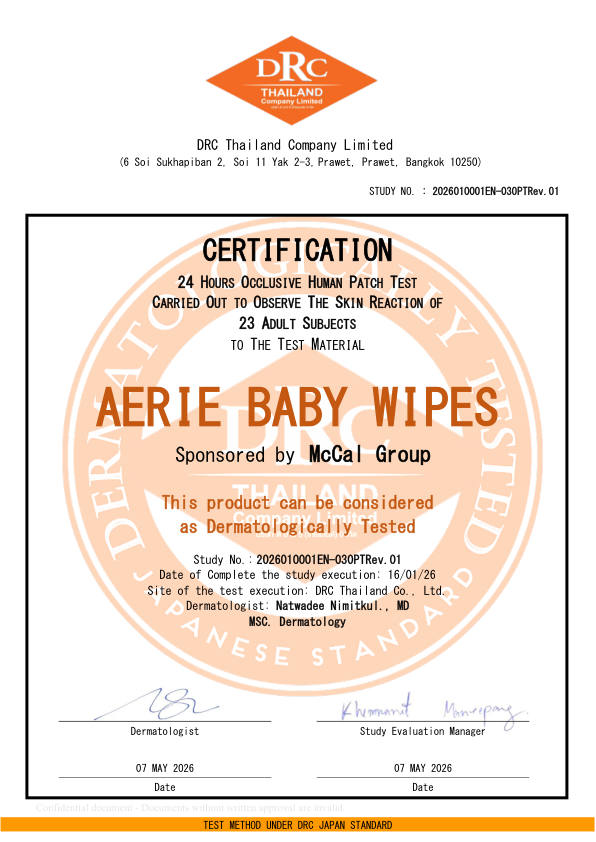 Dermatological test certificate for Aerie Baby Wipes