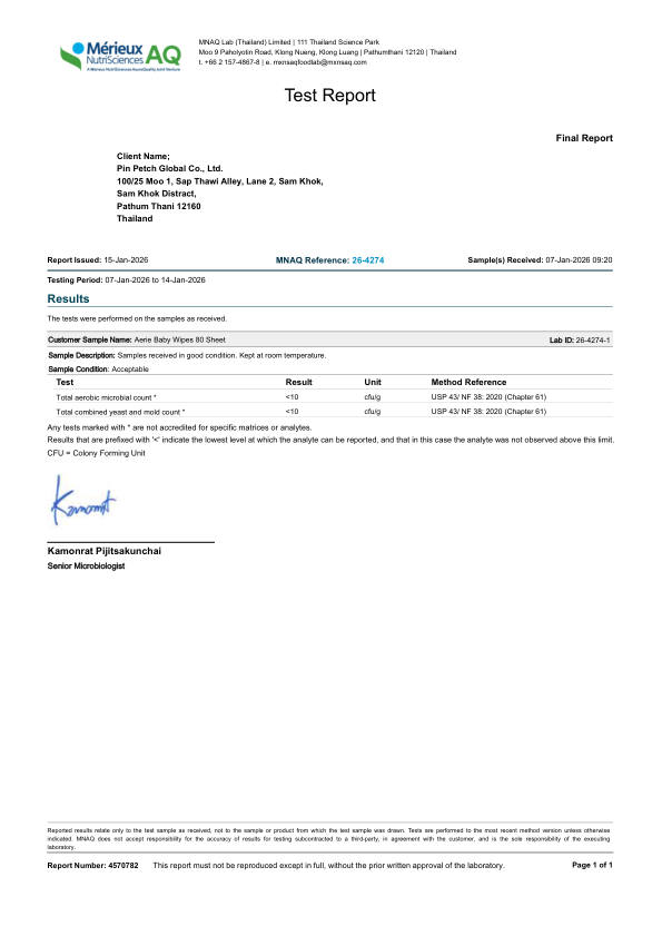 Microbiological test report for Aerie Baby Wipes